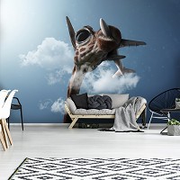 Флизелиновые 3D фото обои животные 254 x 184 см Жираф поймал самолет (13158V4)+клей