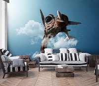 Флизелиновые фотообои в спальню 3D 368 x 254 см Животные - Жираф поймал самолет (13158V8)+клей