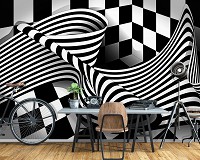 Флизелиновые абстрактные фотообои на стену 3D Полосы 254 x 184 см Фигуры - Черно-белая волна (лента) (13176V4)+клей - вид 7 миниатюра
