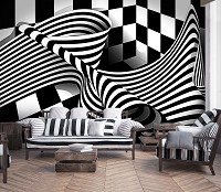 Флизелиновые абстрактные фотообои на стену 3D Полосы 254 x 184 см Фигуры - Черно-белая волна (лента) (13176V4)+клей
