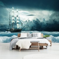 Флизелиновые фотообои с облачками 312 x 219 см Море - Одинокий корабль в океане (13178VEXXL)+клей