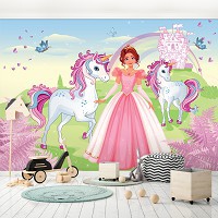 Флизелиновые фотообои с бабочками фото 312 x 219 см Для девочек - Принцесса и два единорога (13240VEXXL)+клей