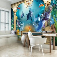 Флизелиновые 3д фото обои подводный мир 368 x 254 см Море - Дельфины и русалки (13285V8)+клей
