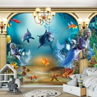 Флизелиновые 3д фото обои рыбки 312 x 219 см Море - Дельфины и русалки (13285VEXXL)+клей
