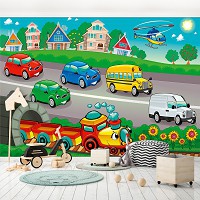 Флизелиновые фотообои на стену с рисунком детского города 312x219 см Машины - игрушки для мальчиков (13289VEXXL) +клей
