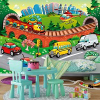 Флизелиновые фотообои детский город 312x219 см Машины - комната маленького мальчика (13290VEXXL) +клей