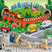 Флизелиновые фотообои для спальни детский город 416x254 см Машины - комната маленького мальчика (13290VEXXXL) +клей