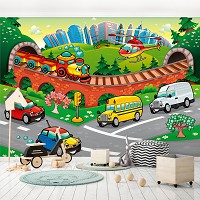 Флизелиновые фотообои для спальни детский город 416x290 см Машины - комната маленького мальчика (13290VEXXXXL) +клей