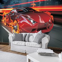 Флизелиновые 3d фото обои Машины Транспорт Спорт 312x219 см Горящее красное авто (132VEXXL)+клей