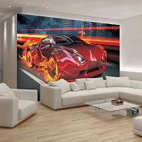 Флизелиновые фотообои в интерьере 3D Транспорт Авто Спорт 254x184 см Красная машина в огне (132V4)+клей