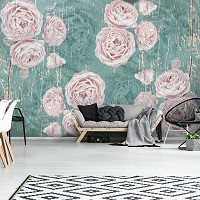 Флизелиновые фотообои в зал 368 x 254 см Цветы - Розы на изумрудном фоне (13301V8)+клей