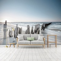 3D Пейзаж флизелиновые фотообои 416 x 254 см Природа Пляж Волнолом Дюны Песок Морской горизонт (13305VEXXXL)+клей
