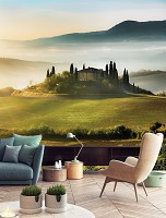 Флизелиновые фото обои Тоскана Сельские поля Горы Солнце 254 x 184 см Пейзаж - Дом на холме (13307V4)+клей