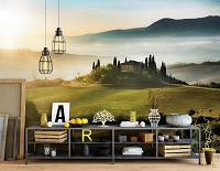 Природа флизелиновые фотообои Тоскана Сельские поля Горы Солнце 368 x 254 см Пейзаж - Дом на холме (13307V8)+клей
