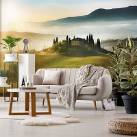 Флизелиновые фотообои Тоскана Сельские поля Горы Солнце Пейзаж - Дом на холме (13307V)+клей