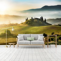 Флизелиновые фотообои Природа Тоскана Сельские поля Горы Солнце 368 x 280 см Пейзаж - Дом на холме (13307V10)+клей