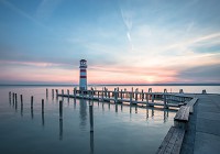 Флізелінові 3D фотошпалери в коридор 312x219 см Море - Причал маяк та захід сонця (13315VEXXL)+клей - вид 1 мініатюра
