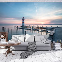 Готовые флизелиновые 3D фотообои 368 x 254 см Море - Причал маяк и закат (13315V8)+клей