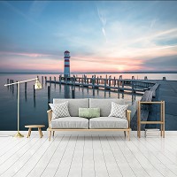 Флизелиновые 3D фотообои для зала 368 x 280 см Море - Причал маяк и закат (13315V10)+клей