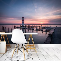 Флизелиновые фотообои для спальни 312 x 219 см 3D Море - Маяк причал и закат (13316VEXXL)+клей