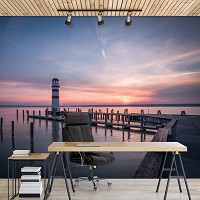 Флизелиновые фотообои в спальню над кроватью 368 x 280 см 3D Море - Маяк причал и закат (13316V10)+клей