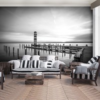 Флизелиновые 3D фото обои в морском стиле 254 x 184 см Причал маяк и закат (черно-белый) (13317V4)+клей