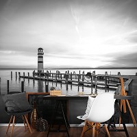 Флизелиновые 3D фотообои фото 368 x 254 см Море - Причал маяк и закат (черно-белый) (13317V8)+клей
