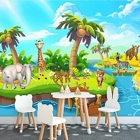 Флизелиновые фото обои детские 254 x 184 см Зверята на острове 13328V4+клей