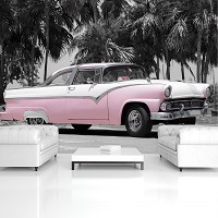 3D Ретро флизелиновые фотообои на стену 416 x 290 см Транспорт - Старая розовая машина (13332VEXXXXL)+клей