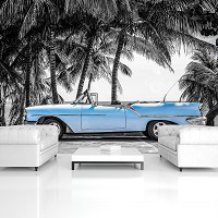 3D Флизелиновые фотообои деревья 416x254 см Транспорт - Старая голубая машина на стоянке (13336VEXXXL)+клей