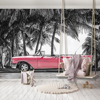 3D Флизелиновые фотообои в спальню 312 x 219 см Транспорт - Старая красная машина на стоянке (13337VEXXL)+клей