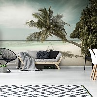 Флизелиновые фотообои деревья 3D 368 x 280 см Море - Одинокая пальма на пляже (13344V10)+клей