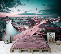 3D Флизелиновые фотообои для спальни 368 x 254 см Город Берлин - Мост и Телебашня (13359V8)+клей