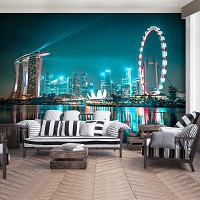 Флизелиновые фотообои в спальню над кроватью 416 x 254 см Город - Ночной Сингапур (13361VEXXXL)+клей