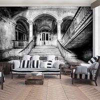 Флизелиновые винтажные 3д фотообои 368 x 254 см Архитектурные черно-белые - Лестница в старом доме (13366V8)+клей