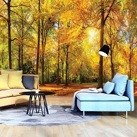 Природа флізелінові фотошпалери 3D Золоті Листя Осінній ліс у променях сонця (13460V)+клей