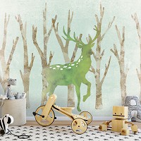 Флизелиновые фотообои дерево 368x254 см Зеленый олень в лесу (13495V8) +клей