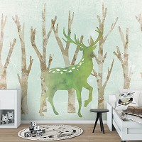 Флизелиновые фотообои акварель 312x219 см Зеленый олень в лесу (13495VEXXL) +клей