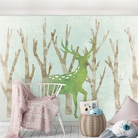 Флизелиновые фотообои на стену деревья 368x280 см Зеленый олень в лесу (13495V10) +клей