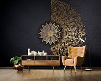 Чорні флізелінові фотошпалери 3d 416x254 см Золота графітова мандала у стилі бохо (13504VEXXXL) +клей