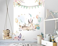 Флизелиновые акварельные фото обои с животным принтом 184x254 см Детские Олененок и птичка на празднике (13509V4A)+клей