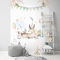 Флизелиновые акварельные фото обои с животным принтом 184x254 см Детские Олененок и птичка на празднике (13509V4A)+клей - вид 8 миниатюра