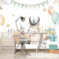 Животные флизелиновые акварельные фотообои 520x318 см Детские - Олененок и птичка на празднике (13509VEXXXXXL)+клей