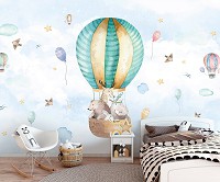 Флизелиновые фотообои 368 x 254 см Скандинавские Акварельные Детские - Животные на воздушном шаре (13510V8)+клей