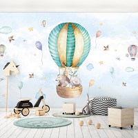 Флизелиновые фотообои 416x290 см Скандинавские акварельные Детские - Животные на воздушном шаре (13510VEXXXXL)+клей