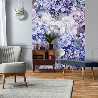 Флизелиновые фотообои пионы в интерьере 206 x 275 см цветы фиолетовые гортензии (13514VEA)+клей