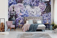Флизелиновые фотообои для кухни 368 x 280 см цветы фиолетовые пионы гортензии (13514V10)+клей