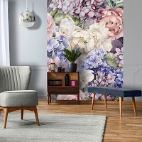 Флизелиновые фото обои пионы 184 x 254 см Цветы Пастель Гортензии (13515V4A)+клей