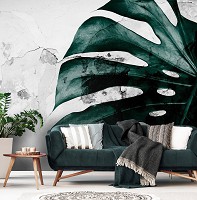 Флизелиновые фотообои в спальню природа 254 x 184 см Листья монстеры на бетоне (13516V4)+клей