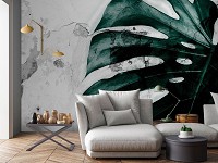 Флизелиновые фотообои в гостиную природа 312 x 219 см Листья монстеры на бетоне (13516VEXXL)+клей